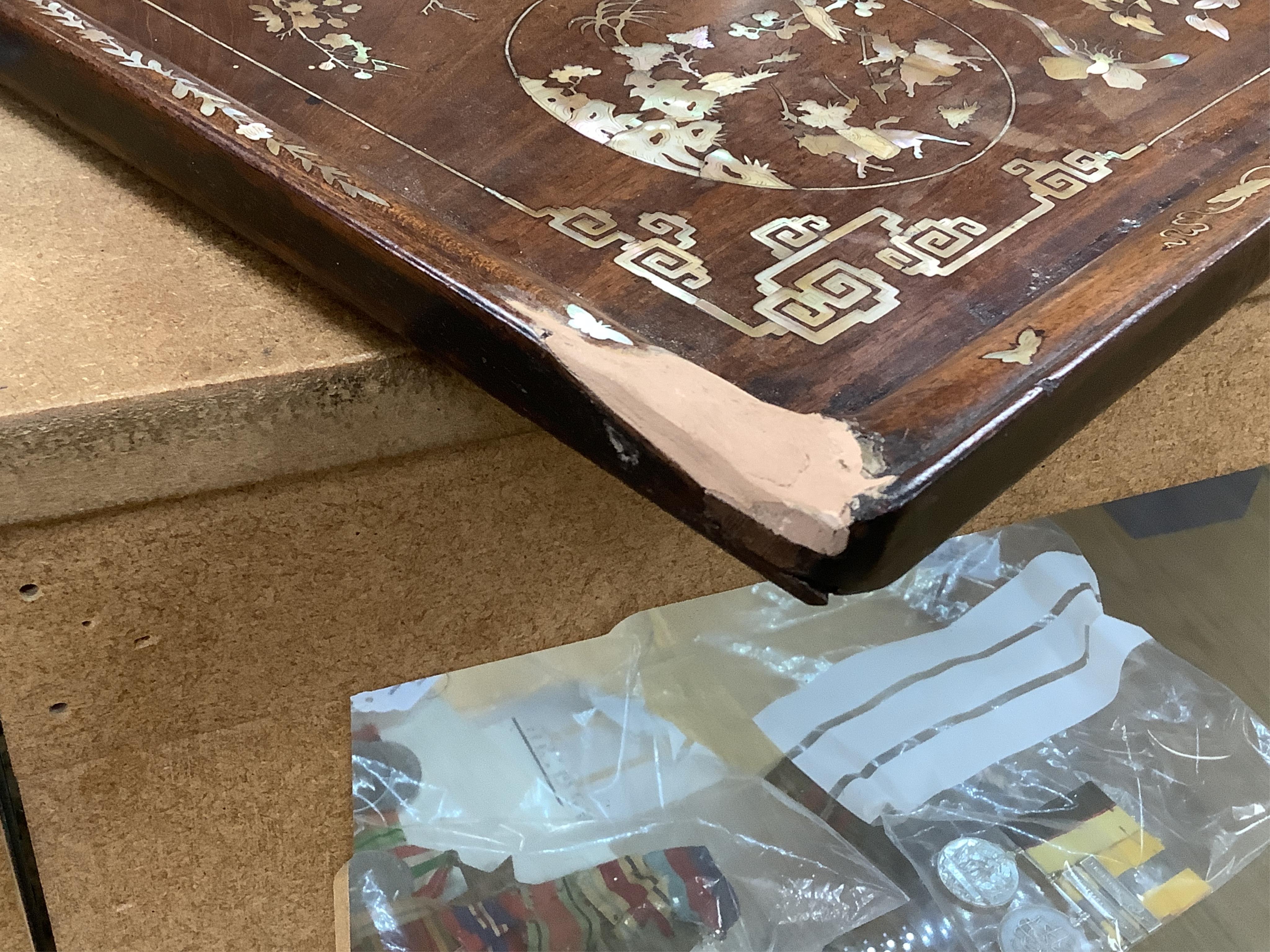 A Chinese hongmu and mother of pearl inlaid tray, 70cm wide x 48cm deep